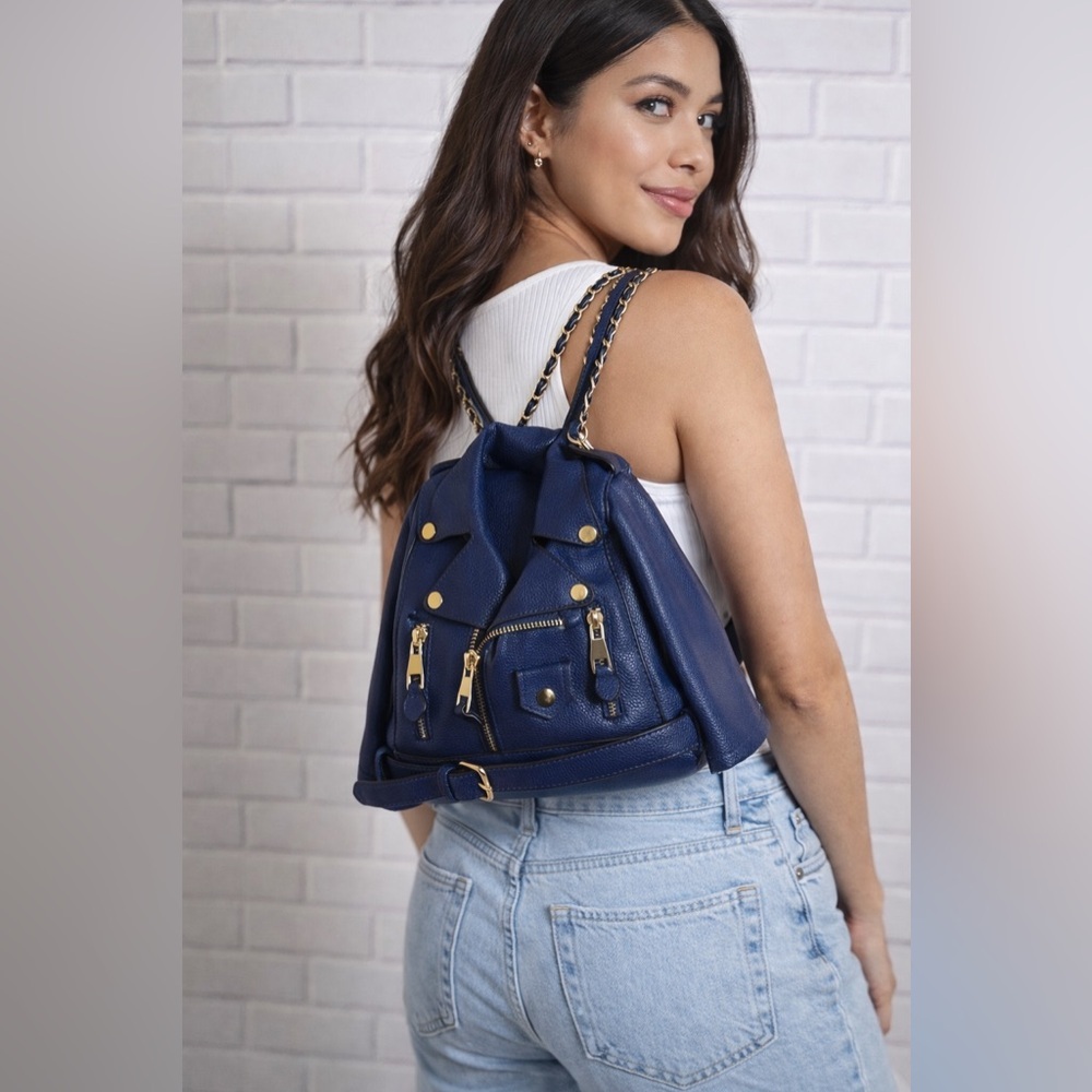 Blue Faux Leather Moto Jacket Style Backpack Purse Gold Chain Convertible Bag